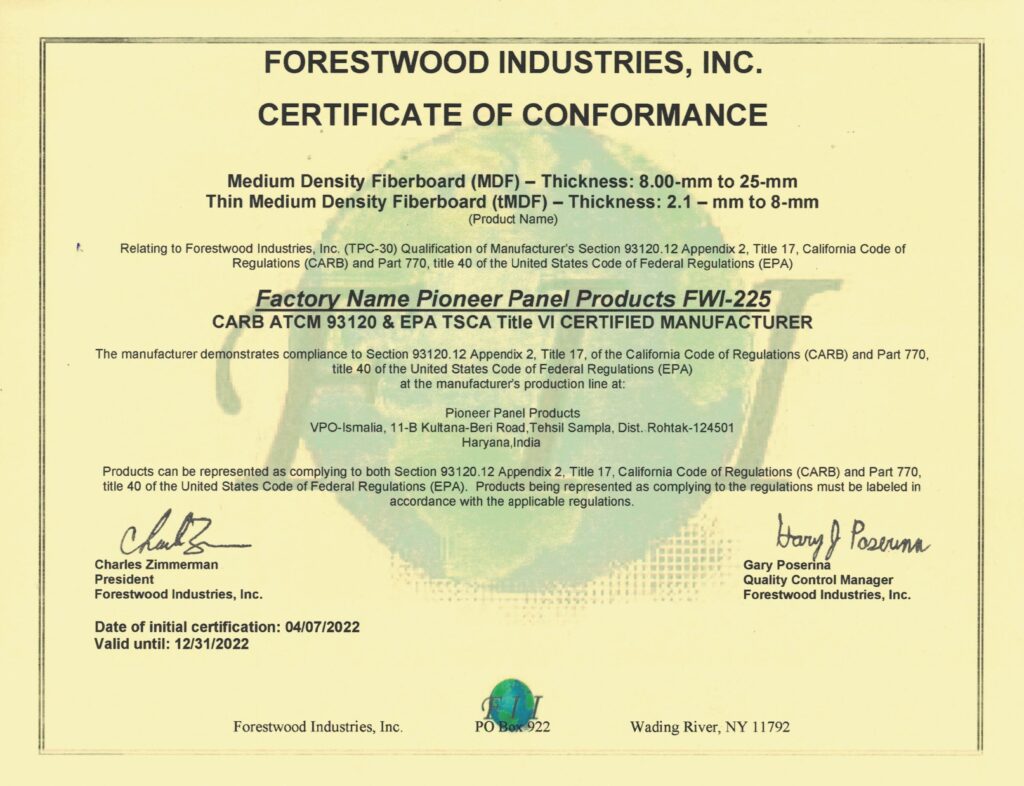 Pioneer Certificate MDF boards Manufacturer